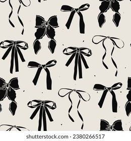 Various black Bow knots, tie ups, gift bows. Hand drawn trendy Vector illustration. Wedding celebration, holiday, party decoration, gift, present concept. Square seamless Pattern, background