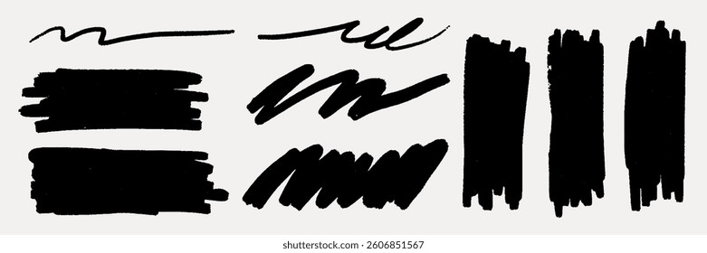 Various black brush strokes on a white background. Brush strokes vary in thickness and style. Black strokes create abstract patterns. Artistic brush strokes. Creative elements, vector set.