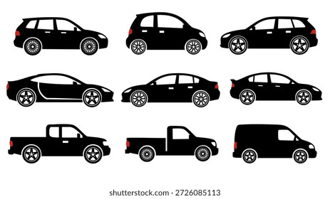 Varias siluetas de automóviles negros, incluidas camionetas de pasajeros y camionetas de reparto