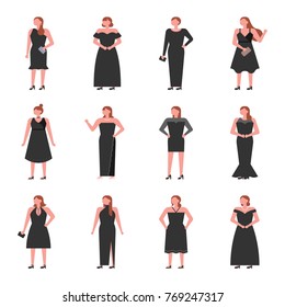 various black chic style evening dress character vector illustration flat design