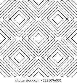 Various black contour rhombuses on a white background, textured. Seamless vector geometric pattern