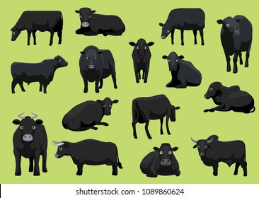 Various Black Cow Bull Cartoon Vector Illustration