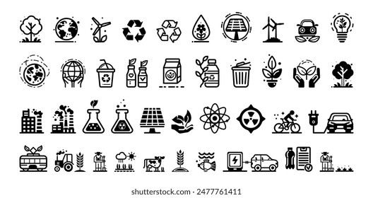 Varios iconos ambientales negros sobre un fondo blanco. Los conceptos incluyen ecología, sustentabilidad y energía renovable. Ilustración vectorial