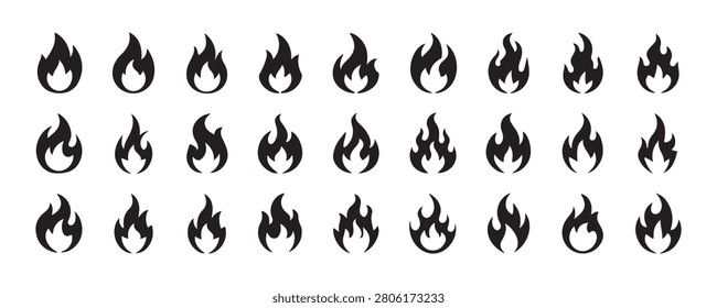 Various black fire flames vector icons. simple flat design illustrations with transparent background.