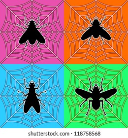 various black flies in spider's web
