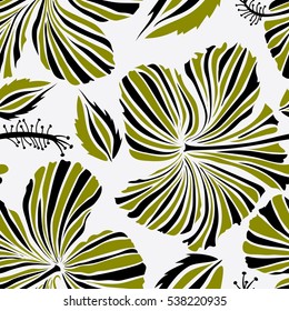 Various black and green hibiscus hawaiian tropical flowers. Vector floral seamless pattern.