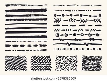 Várias texturas de marcador preto grunge são exibidas em um fundo claro. Linhas finas e grossas redemoinhos e pontos criam uma coleção de padrões diversos para uso artístico.