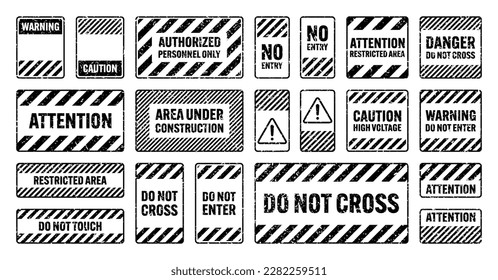 Various black grunge warning signs with diagonal lines. Old attention, danger or caution sign, construction site signage. Realistic notice signboard, warning banner, road shield. Vector illustration