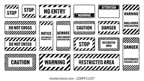 Various black grunge warning signs with diagonal lines. Old attention, danger or caution sign, construction site signage. Realistic notice signboard, warning banner, road shield. Vector illustration