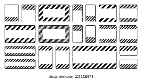 Various black grunge warning signs with diagonal lines. Old attention, danger or caution sign, construction site signage. Realistic notice signboard, warning banner, road shield. Vector illustration