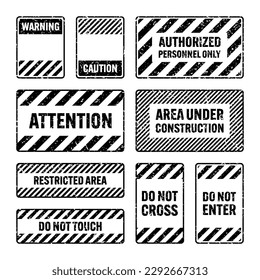 Various black grunge warning signs with diagonal lines. Old attention, danger or caution sign, construction site signage. Realistic notice signboard, warning banner, road shield. Vector illustration