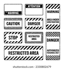 Various black grunge warning signs with diagonal lines. Old attention, danger or caution sign, construction site signage. Realistic notice signboard, warning banner, road shield. Vector illustration