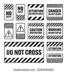 Various black grunge warning signs with diagonal lines. Old attention, danger or caution sign, construction site signage. Realistic notice signboard, warning banner, road shield. Vector illustration