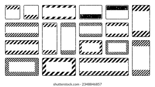 Various black grunge warning signs with diagonal lines. Old attention, danger or caution sign, construction site signage. Realistic notice signboard, warning banner, road shield. Vector illustration