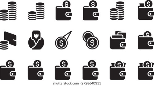 Verschiedene schwarze Symbole, die Finanzelemente wie Geldbörsen und Geld auf weißem Hintergrund darstellen, symbolisieren moderne Finanztransaktionen und Handel in einer einfachen und stilvollen Illustration.