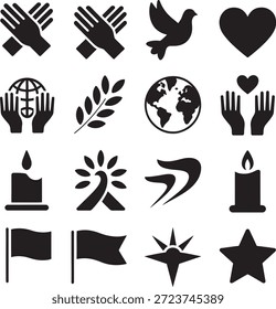 Verschiedene schwarze Symbole, die Frieden, Liebe und Einheit repräsentieren, sind auf weißem Hintergrund angeordnet und symbolisieren Harmonie und Zusammengehörigkeit durch einfache, aber kraftvolle visuelle Elemente wie Tauben, Herzen und Kerzen.