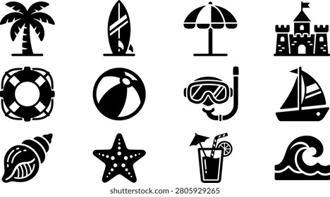 Various black icons representing summer vacation activities and objects