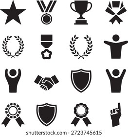 Varios iconos negros que simbolizan el logro y el éxito se muestran sobre un fondo blanco que incluye trofeos, estrellas y laureles.
