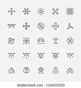 Various black line icons related to drones. flat design style vector graphic illustration set