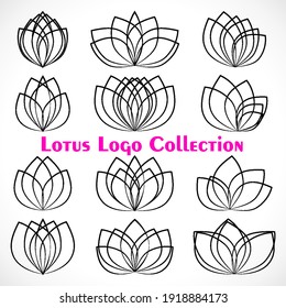 Various black linear lotus logo templates. Vector floral sketch collection. Design flower outline symbol.