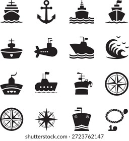 Verschiedene schwarze nautische Symbole, darunter Schiffe, Anker, U-Boote und Kompasse, sind auf weißem Hintergrund angeordnet und symbolisieren maritime und Segelthemen.