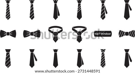 Various black neckties and bowties on white background