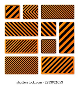 Various black and orange warning signs with diagonal lines. Attention, danger or caution sign, construction site signage. Realistic notice signboard, warning banner, road shield. Vector illustration