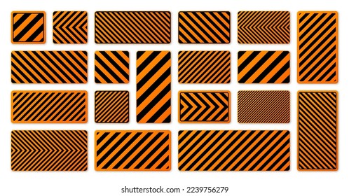 Various black and orange warning signs with diagonal lines. Attention, danger or caution sign, construction site signage. Realistic notice signboard, warning banner, road shield. Vector illustration