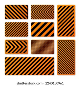 Various black and orange warning signs with diagonal lines. Attention, danger or caution sign, construction site signage. Realistic notice signboard, warning banner, road shield. Vector illustration