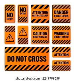 Various black and orange warning signs with diagonal lines. Attention, danger or caution sign, construction site signage. Realistic notice signboard, warning banner, road shield. Vector illustration