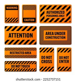 Various black and orange warning signs with diagonal lines. Attention, danger or caution sign, construction site signage. Realistic notice signboard, warning banner, road shield. Vector illustration