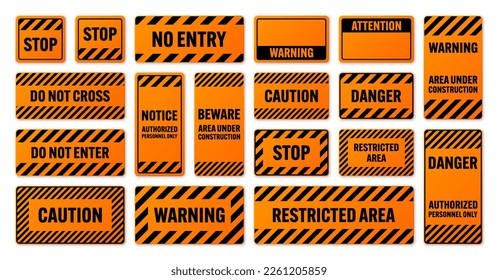 Various black and orange warning signs with diagonal lines. Attention, danger or caution sign, construction site signage. Realistic notice signboard, warning banner, road shield. Vector illustration