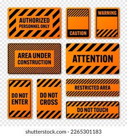 Various black and orange warning signs with diagonal lines. Attention, danger or caution sign, construction site signage. Realistic notice signboard, warning banner, road shield. Vector illustration