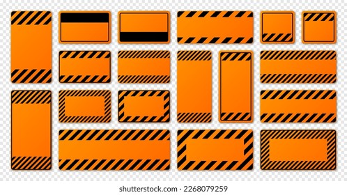 Various black and orange warning signs with diagonal lines. Attention, danger or caution sign, construction site signage. Realistic notice signboard, warning banner, road shield. Vector illustration