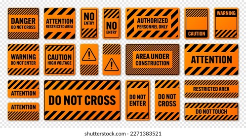 Various black and orange warning signs with diagonal lines. Attention, danger or caution sign, construction site signage. Realistic notice signboard, warning banner, road shield. Vector illustration