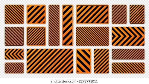 Various black and orange warning signs with diagonal lines. Attention, danger or caution sign, construction site signage. Realistic notice signboard, warning banner, road shield. Vector illustration