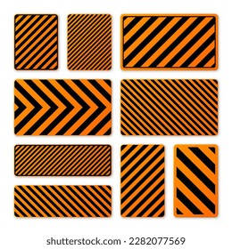 Various black and orange warning signs with diagonal lines. Attention, danger or caution sign, construction site signage. Realistic notice signboard, warning banner, road shield. Vector illustration