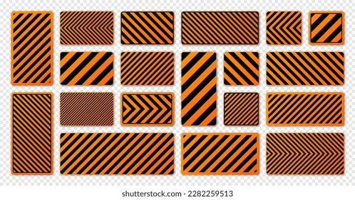 Various black and orange warning signs with diagonal lines. Attention, danger or caution sign, construction site signage. Realistic notice signboard, warning banner, road shield. Vector illustration