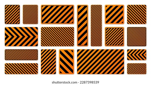 Various black and orange warning signs with diagonal lines. Attention, danger or caution sign, construction site signage. Realistic notice signboard, warning banner, road shield. Vector illustration