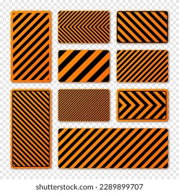 Various black and orange warning signs with diagonal lines. Attention, danger or caution sign, construction site signage. Realistic notice signboard, warning banner, road shield. Vector illustration