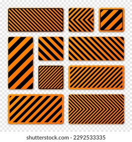 Various black and orange warning signs with diagonal lines. Attention, danger or caution sign, construction site signage. Realistic notice signboard, warning banner, road shield. Vector illustration