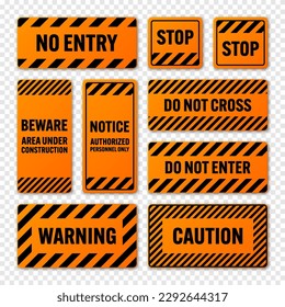 Various black and orange warning signs with diagonal lines. Attention, danger or caution sign, construction site signage. Realistic notice signboard, warning banner, road shield. Vector illustration