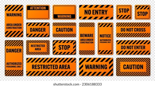 Various black and orange warning signs with diagonal lines. Attention, danger or caution sign, construction site signage. Realistic notice signboard, warning banner, road shield. Vector illustration