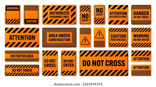 Various black and orange warning signs with diagonal lines. Attention, danger or caution sign, construction site signage. Realistic notice signboard, warning banner, road shield. Vector illustration