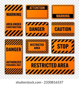 Various black and orange warning signs with diagonal lines. Attention, danger or caution sign, construction site signage. Realistic notice signboard, warning banner, road shield. Vector illustration