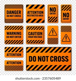 Various black and orange warning signs with diagonal lines. Attention, danger or caution sign, construction site signage. Realistic notice signboard, warning banner, road shield. Vector illustration