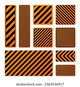 Various black and orange warning signs with diagonal lines. Attention, danger or caution sign, construction site signage. Realistic notice signboard, warning banner, road shield. Vector illustration