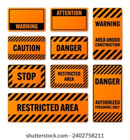 Various black and orange warning signs with diagonal lines. Attention, danger or caution sign, construction site signage. Realistic notice signboard, warning banner, road shield. Vector illustration