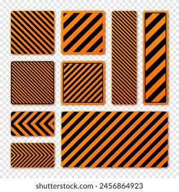 Various black and orange warning signs with diagonal lines. Attention, danger or caution sign, construction site signage. Realistic notice signboard, warning banner, road shield. Vector illustration