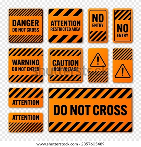 Various black and orange warning signs with diagonal lines. Attention, danger or caution sign, construction site signage. Realistic notice signboard, warning banner, road shield. Vector illustration